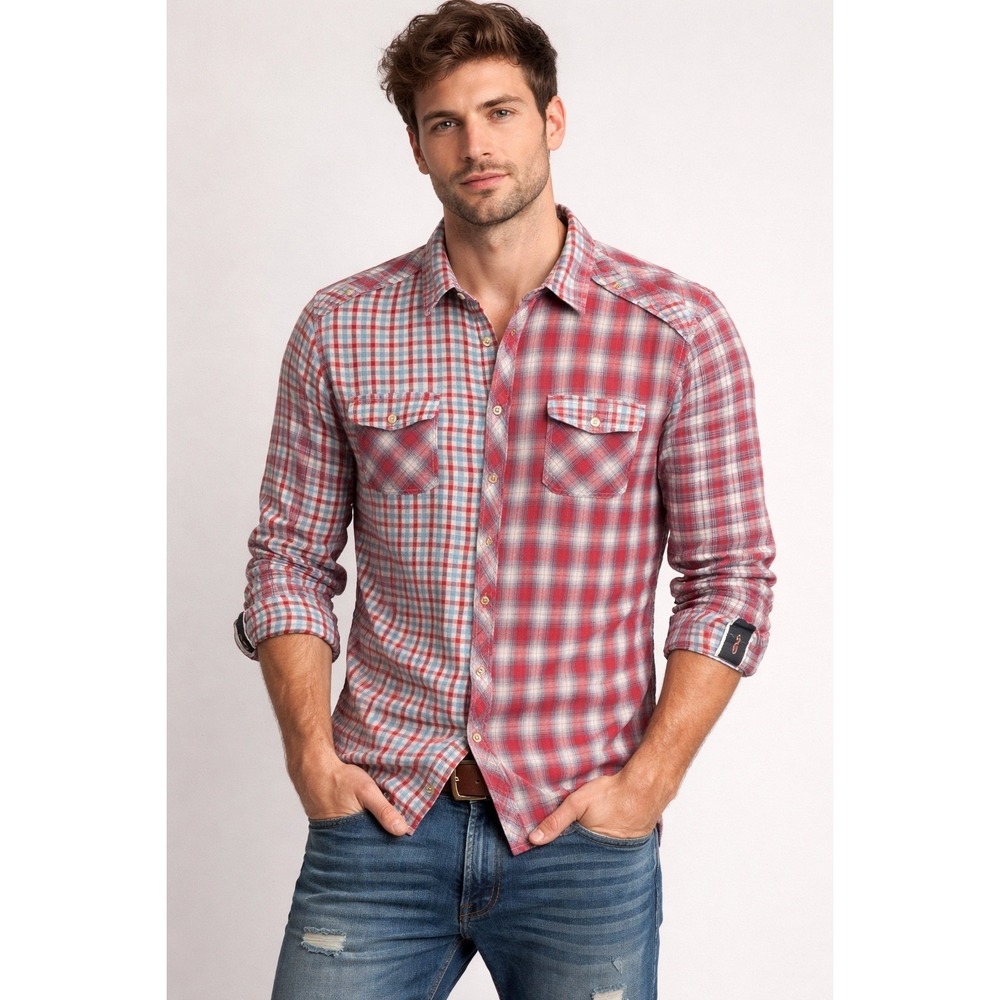 SYN Jeans Shirt Mens 2XL Red Teal‎ Split Plaid Long Sleeve Button Up Military